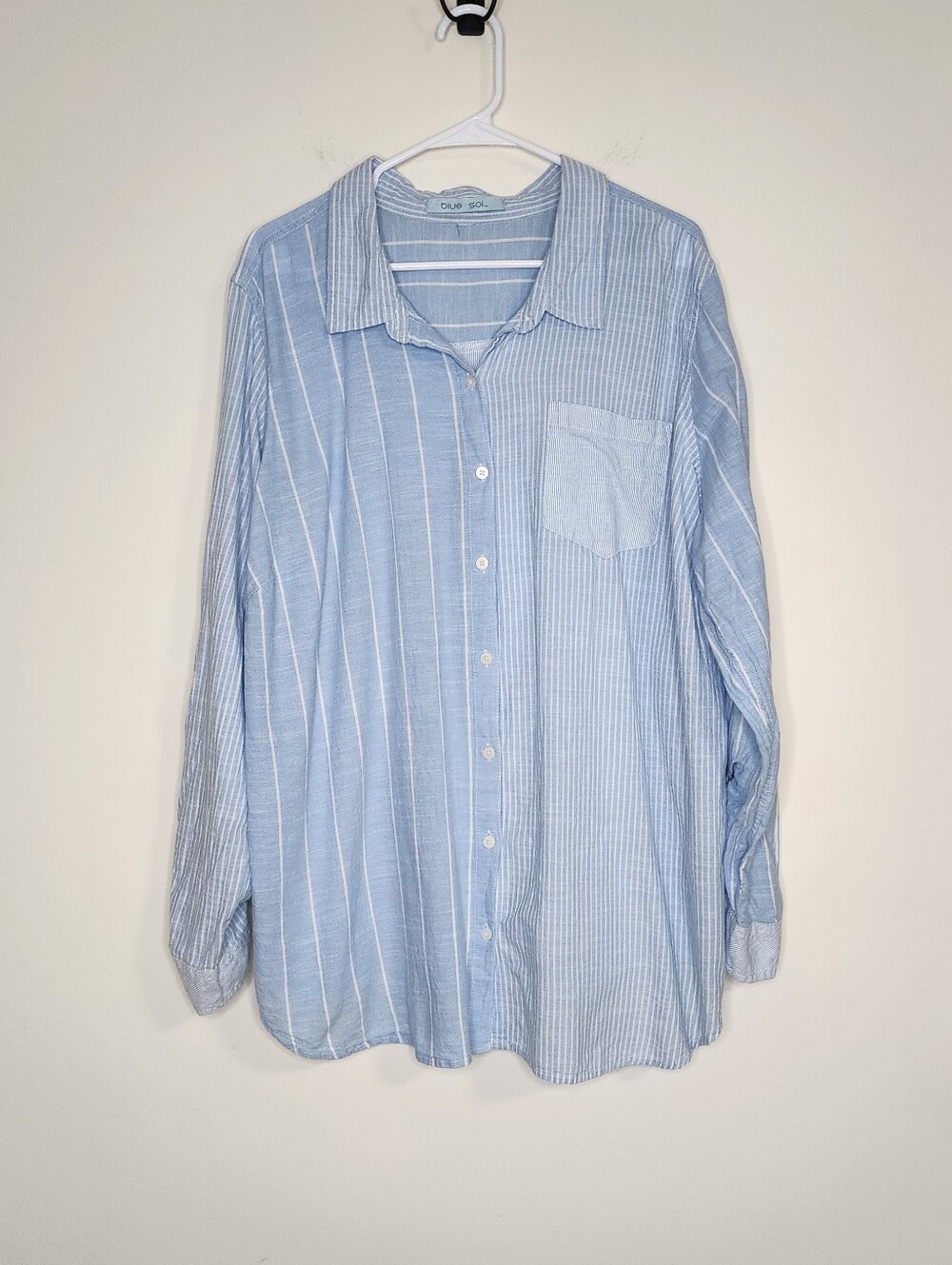 Blue Sol Blue Striped Cotton Button-Up Oversized Shirt Large Beachy Summer